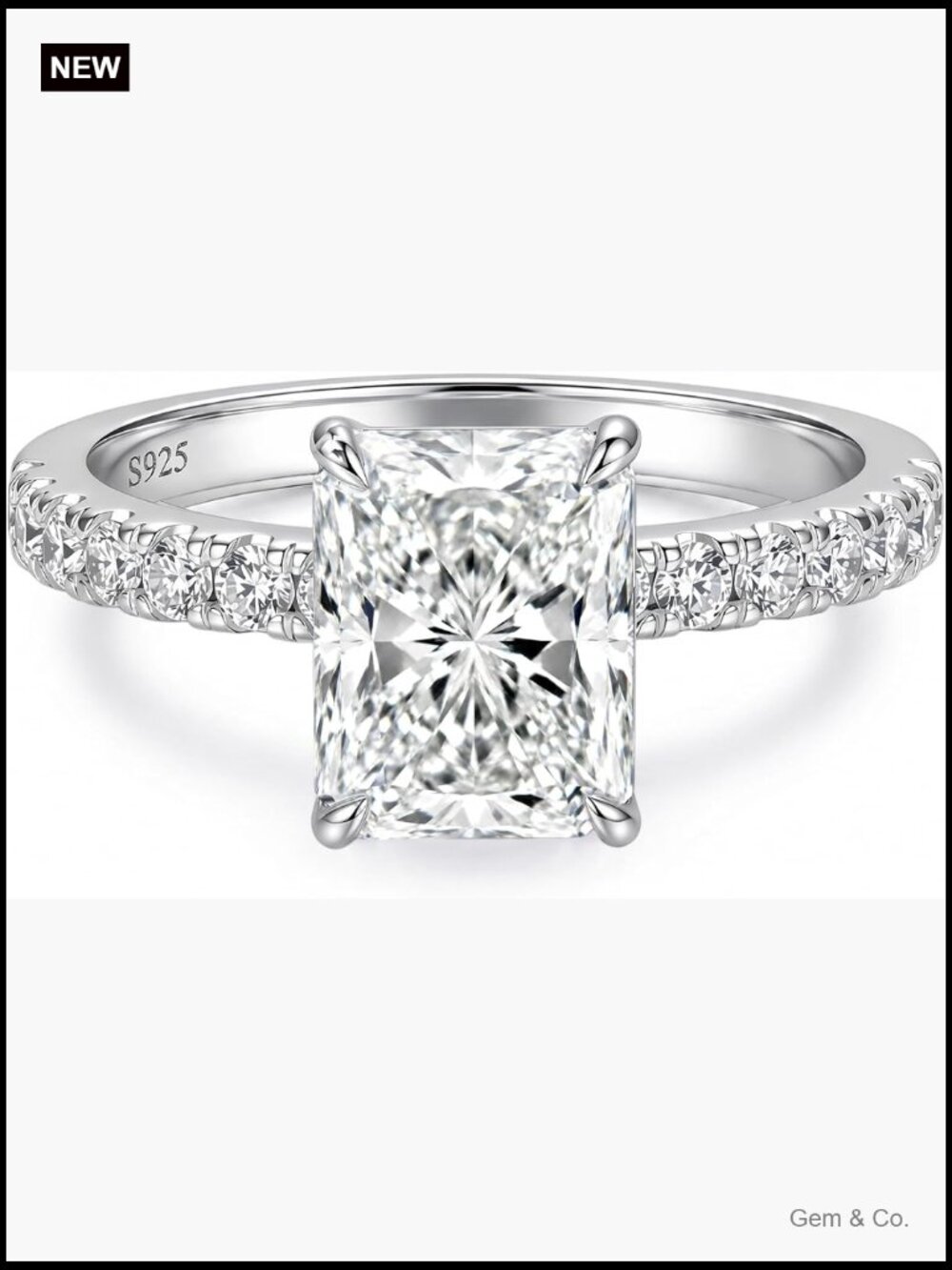 3CT Radiant Cut Moissanite Engagement Ring, VVS1, 925 Sterling Silver